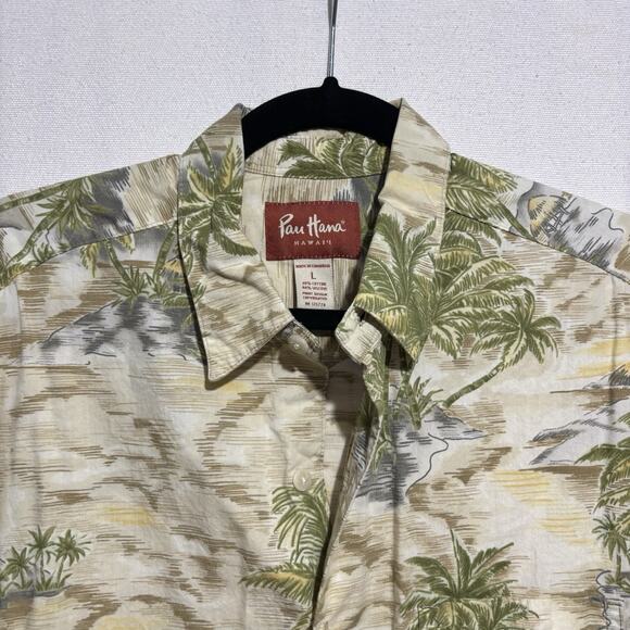 Pau Hana Hawaii Camp Shirt Men’s Large Palm Trees Tiki Hut Island Vintage - Picture 2 of 8